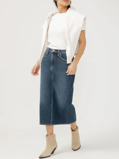 Side Slit Denim Midi Skirt