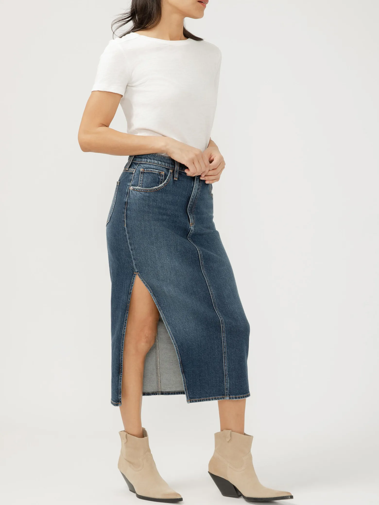 Side Slit Denim Midi Skirt