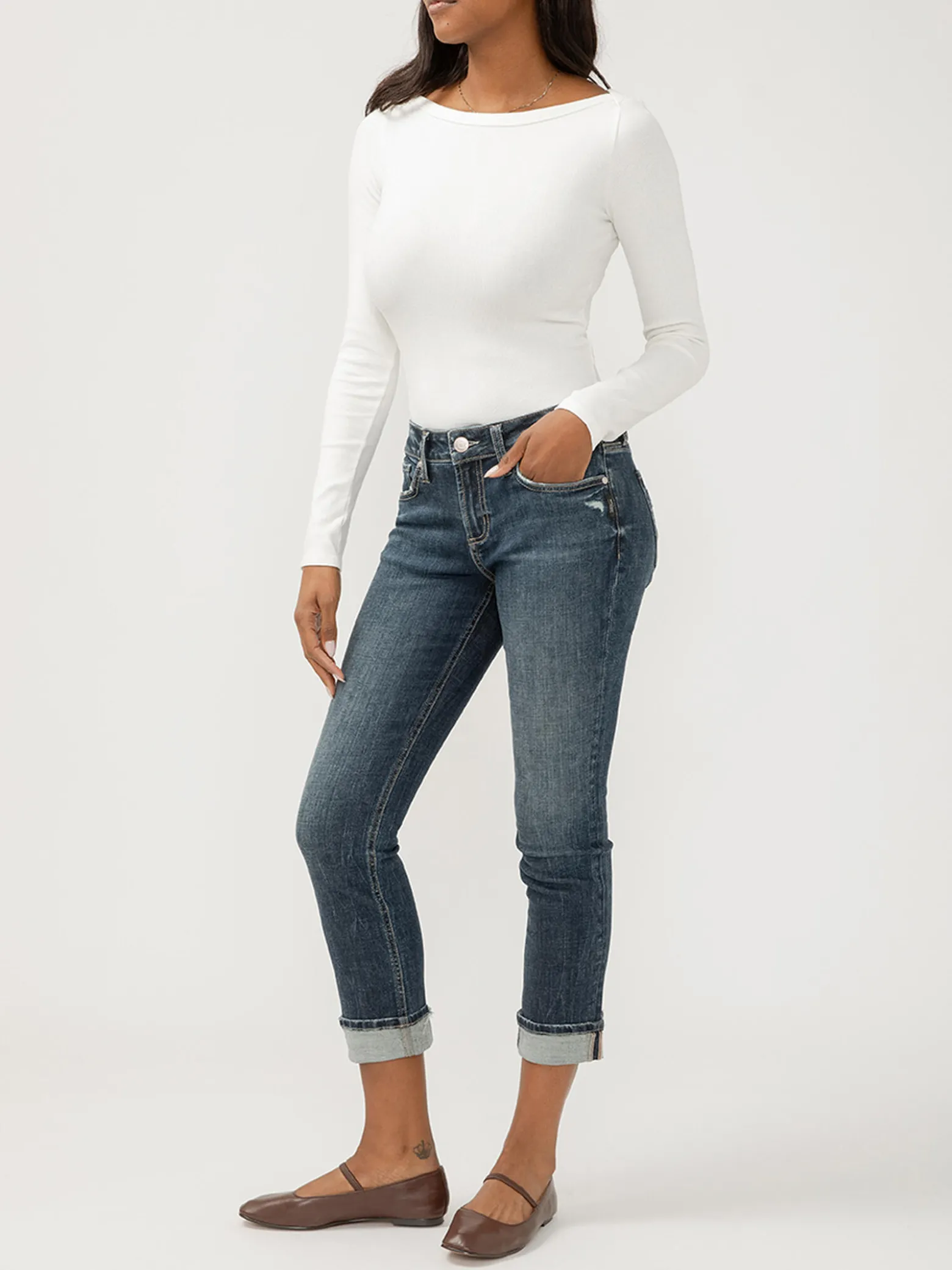 Suki Mid Rise Cropped Straight Leg Jeans